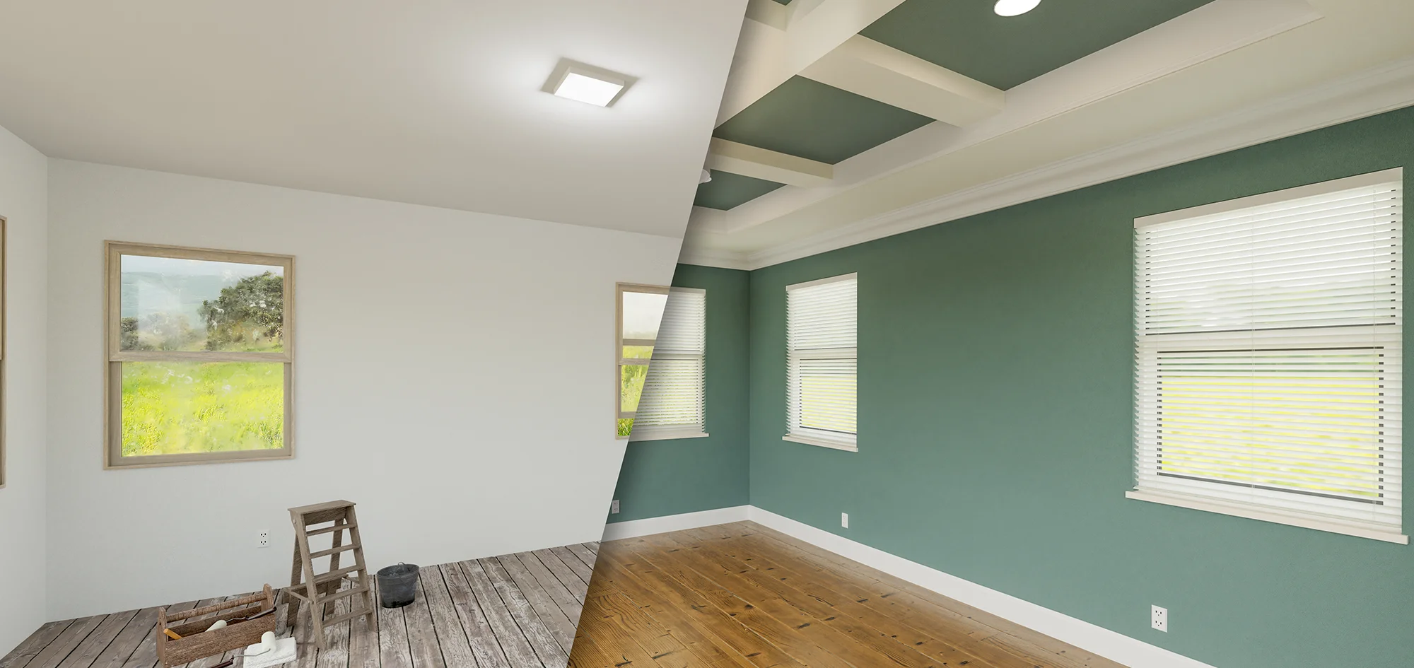 A split-screen showing a room before and after renovation