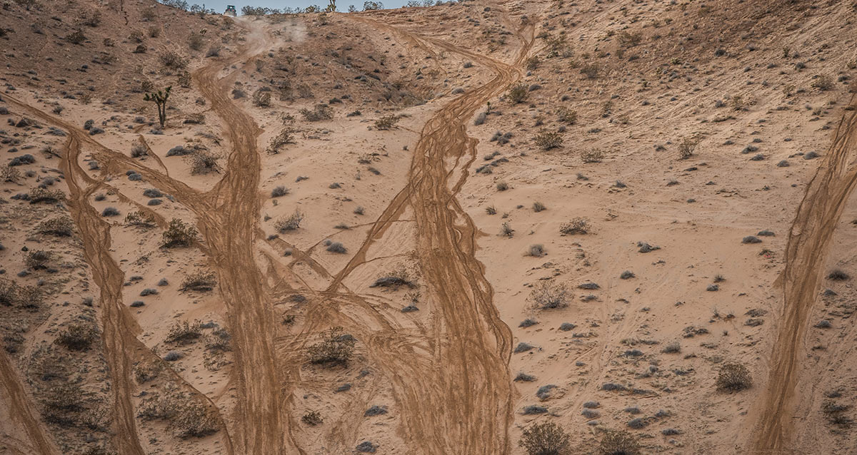 Steep desert hillside with multiple winding dirt paths and scattered desert shrubs.
