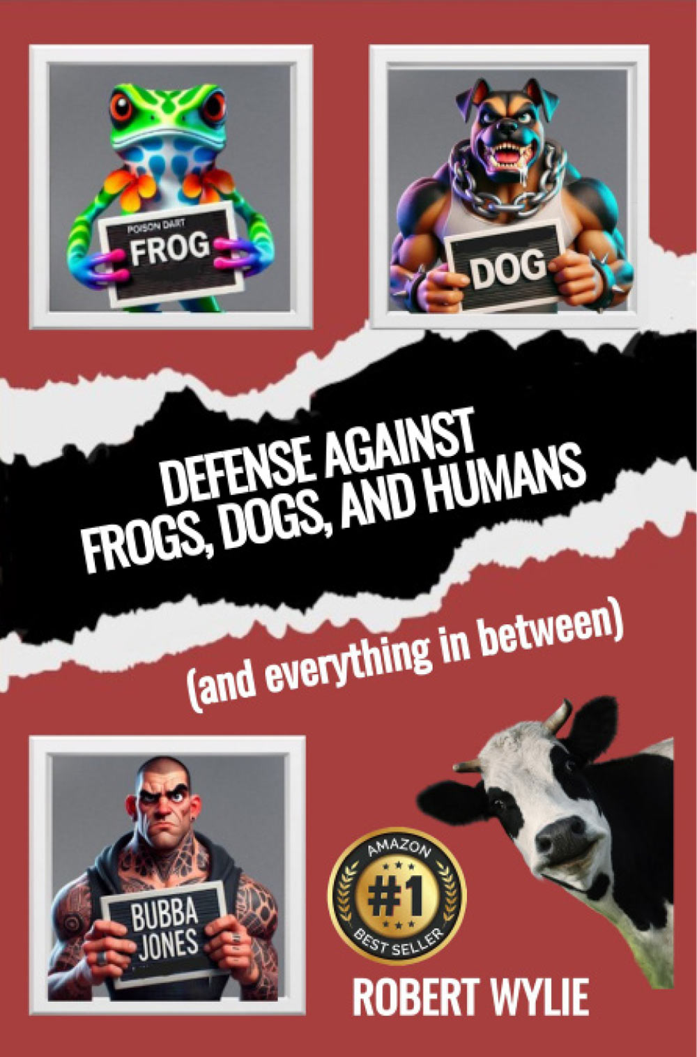 A book cover titled "Defense Against Frogs, Dogs, and Humans" by Robert Wylie, with humorous mugshot-style illustrations of various characters.
