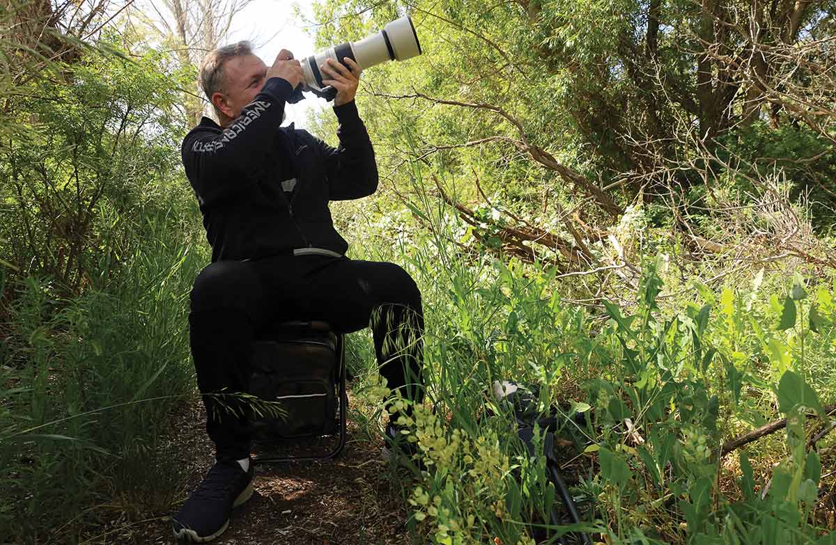 Man in black sits on a small stool, holding a large camera with a long white telephoto lens to his eye, pointing it up into dense green undergrowth.
