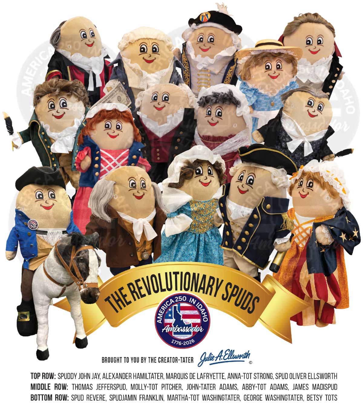 15 plush, potato-shaped mascot dolls dressed as prominent figures from the American Revolutionary War known as THE REVOLUTIONARY SPUDS