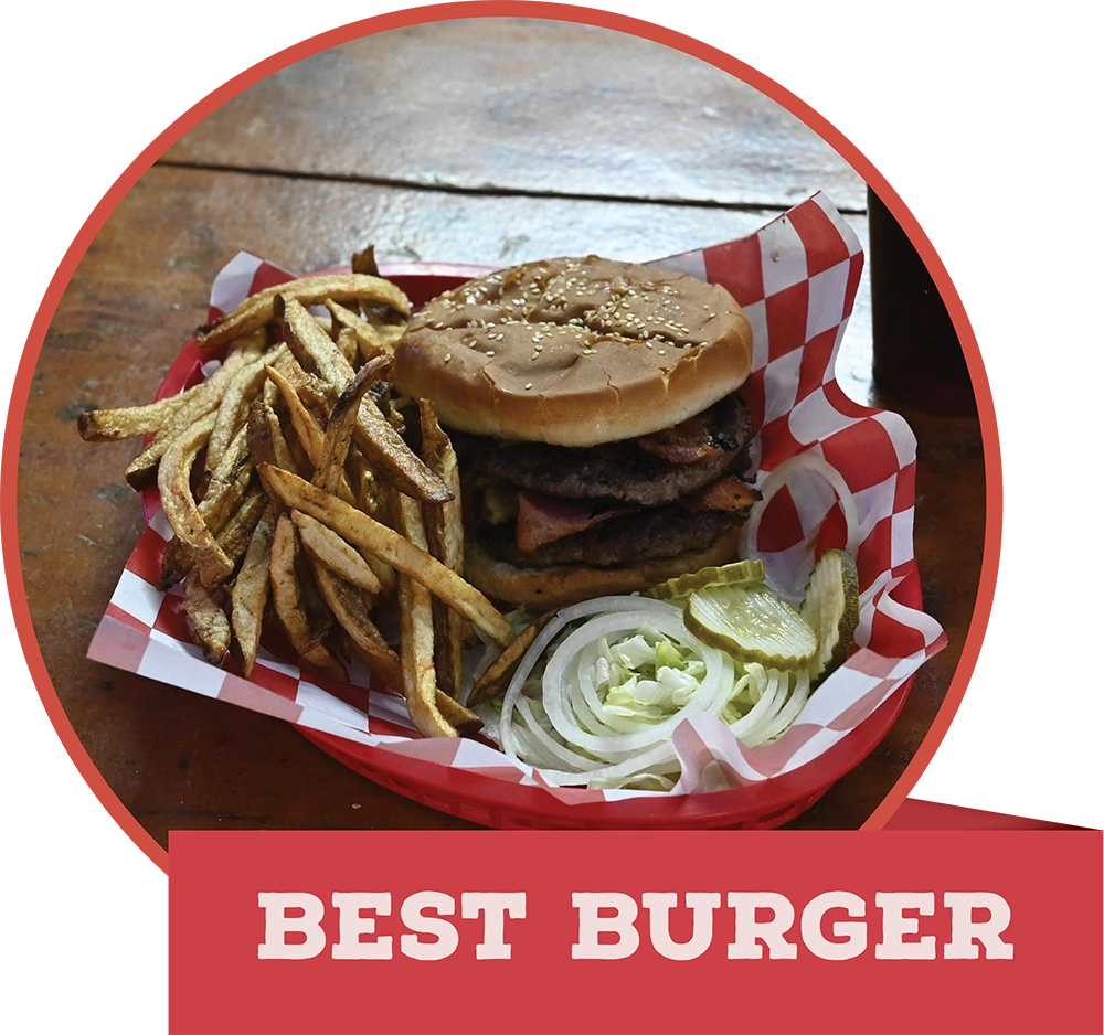 A double bacon cheeseburger with thick-cut fries in a basket, featuring a red banner that reads "BEST BURGER."