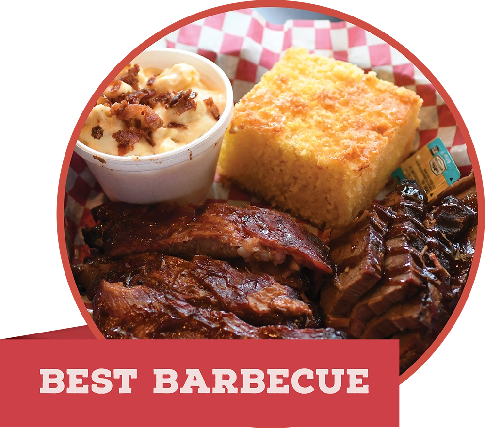A BBQ platter with ribs, brisket, cornbread, and macaroni and cheese, featuring a red banner reading "BEST BARBECUE."