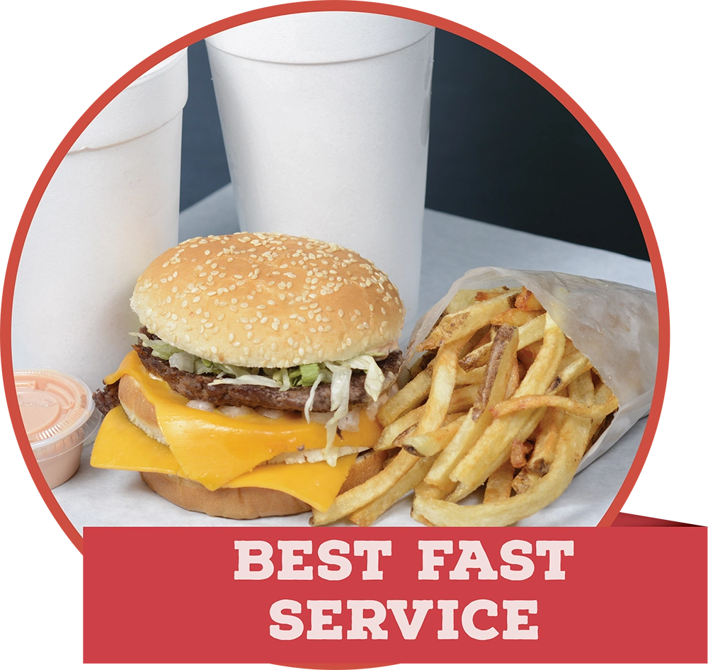 A double cheeseburger served with a side of fries and white beverage cups, with a red banner reading "BEST FAST SERVICE."