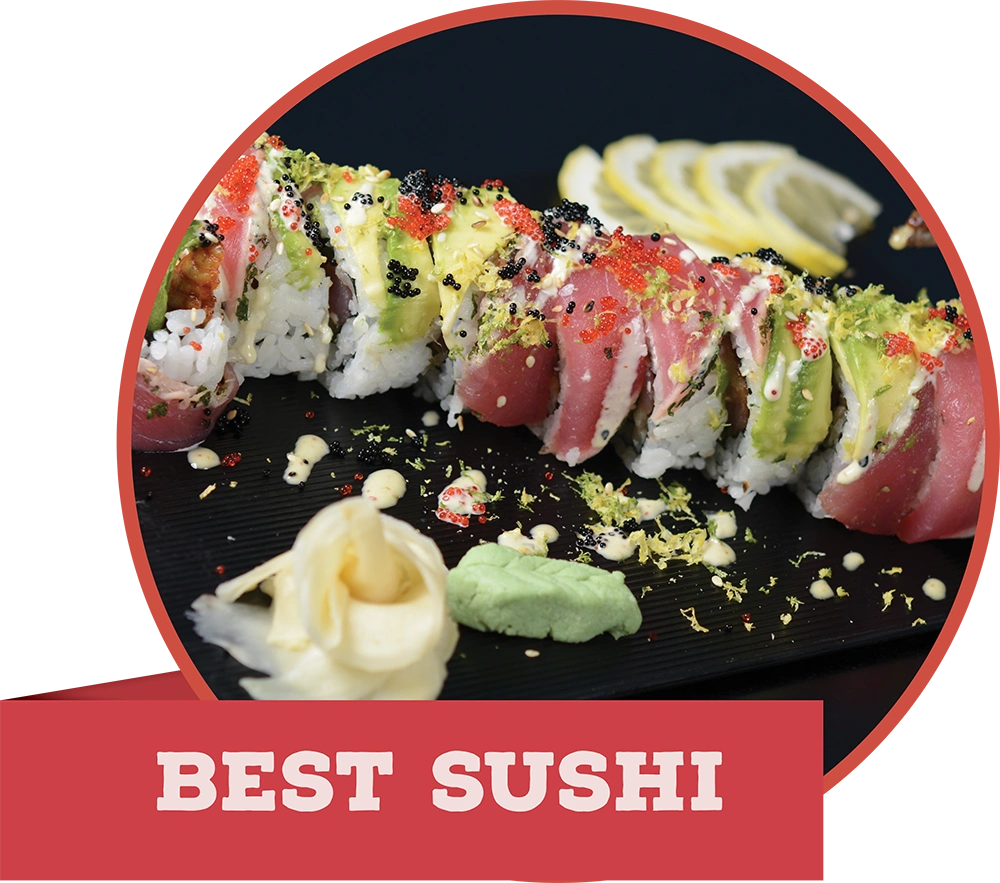 A premium sushi roll topped with fresh tuna, avocado, and roe on a black plate, with a red banner reading "BEST SUSHI."