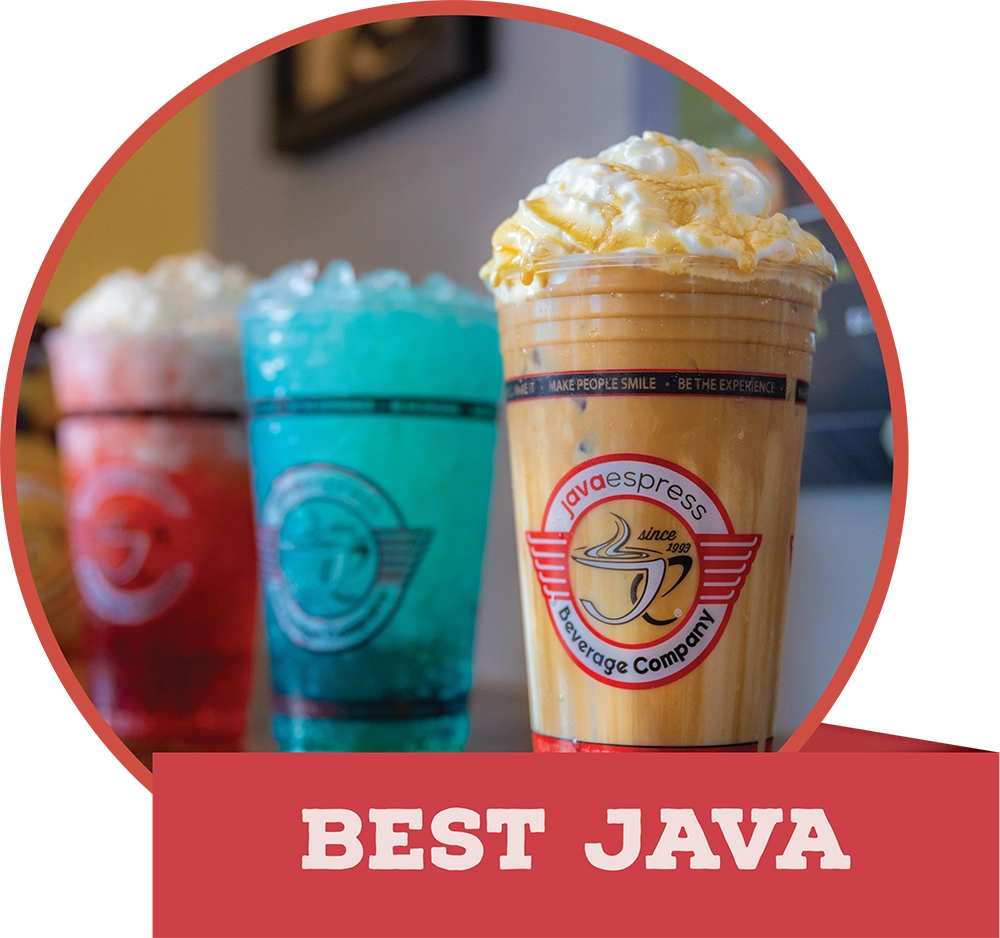 Iced specialty coffee drinks topped with whipped cream from Java Espress, with a banner reading "BEST JAVA."