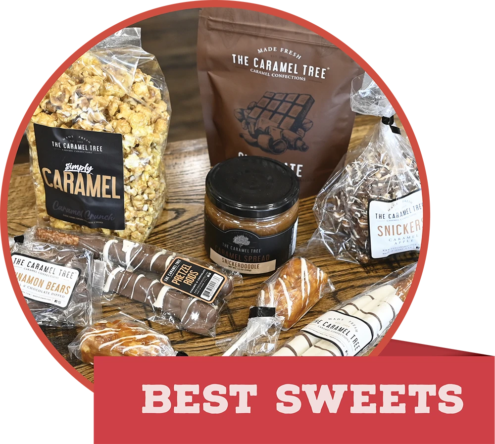 An assortment of packaged sweets and caramel spreads from The Caramel Tree, with a red banner reading "BEST SWEETS."