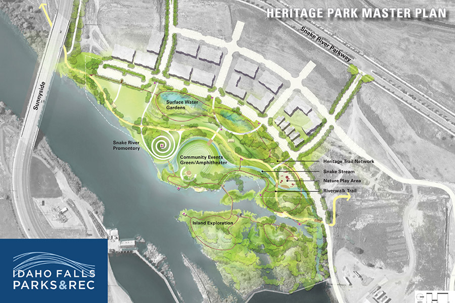 A site plan diagram for the Heritage Park development in Idaho Falls.
