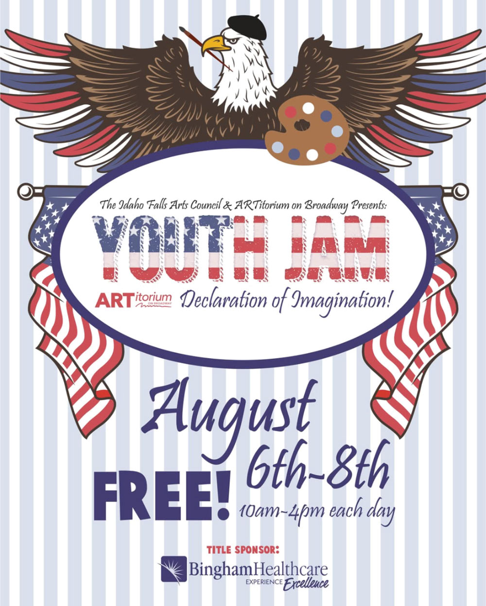 Poster for Youth Jam Declaration of Imagination featuring an eagle holding a paintbrush and palette, August 6th-8th.