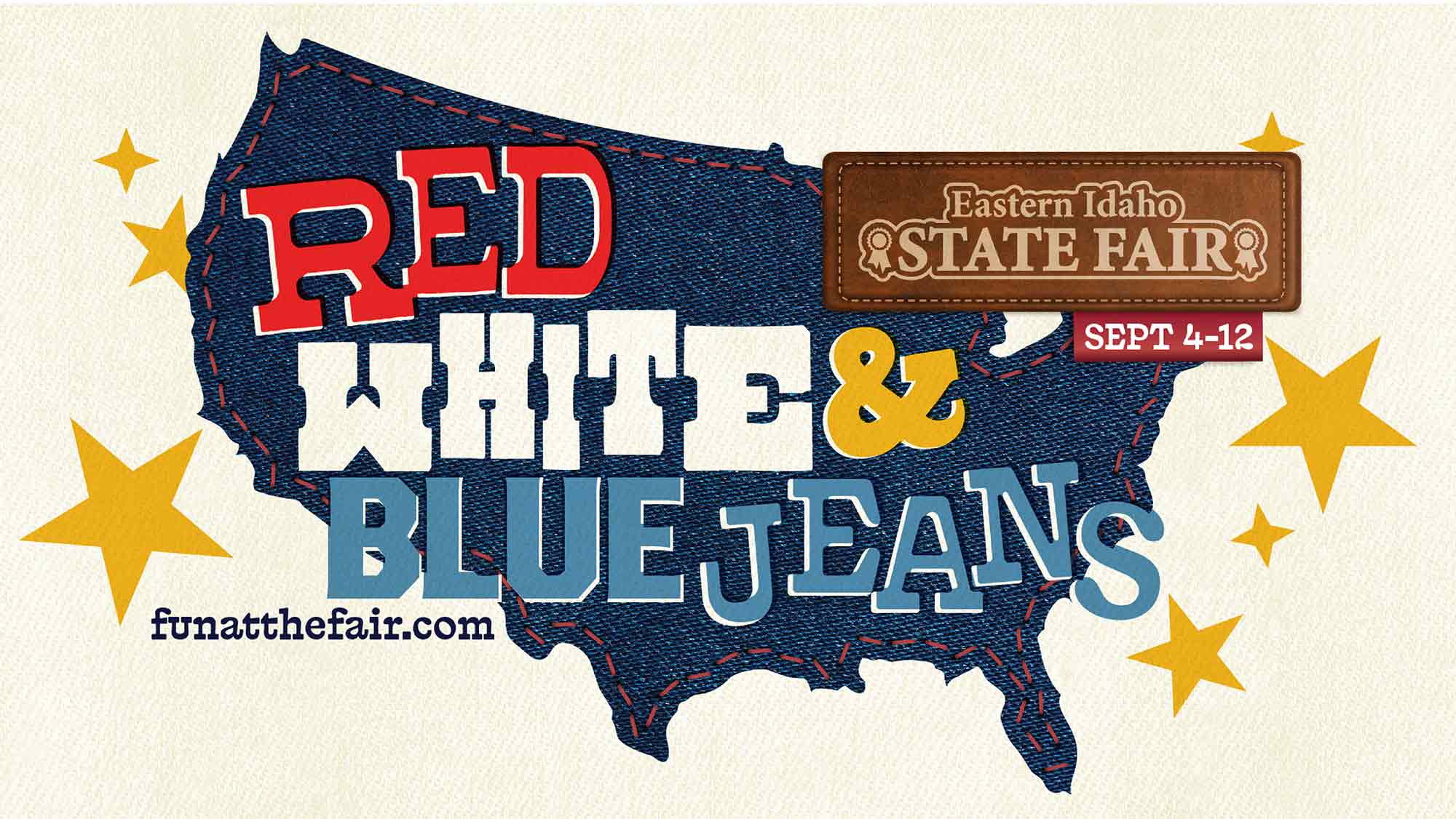 Promotional poster for the Eastern Idaho State Fair titled "RED WHITE & BLUE JEANS".